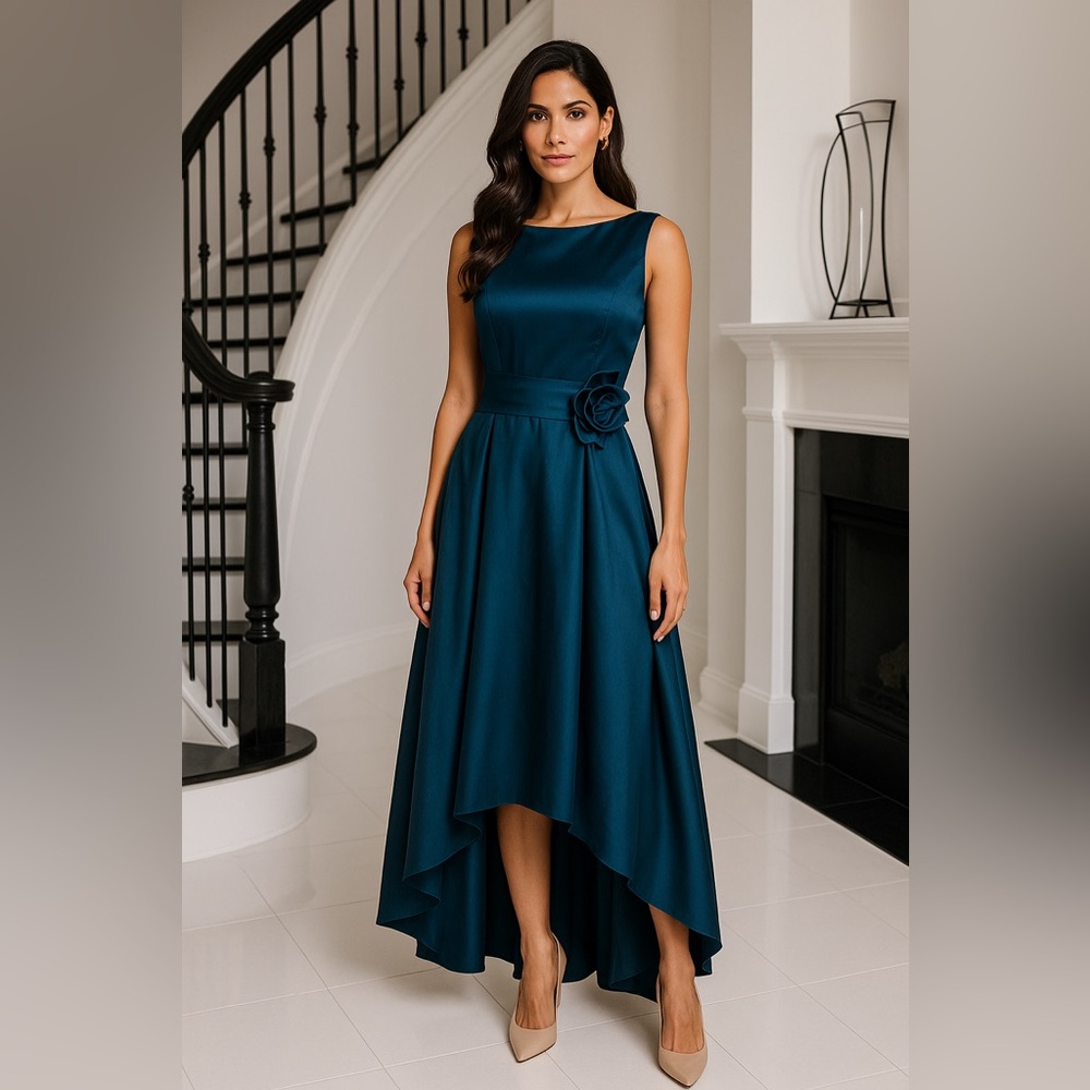 NWOT Elegant Satin Teal Evening Gown Women’s Size M Sleeveless